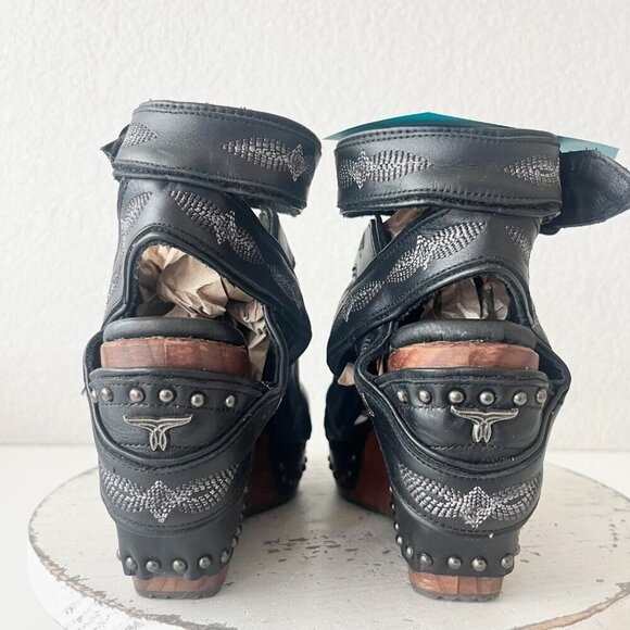 Lane Boots LEXINGTON Womens Black Wedges 6 Western Sandals Cowgirl Wooden Heel - Picture 3 of 11